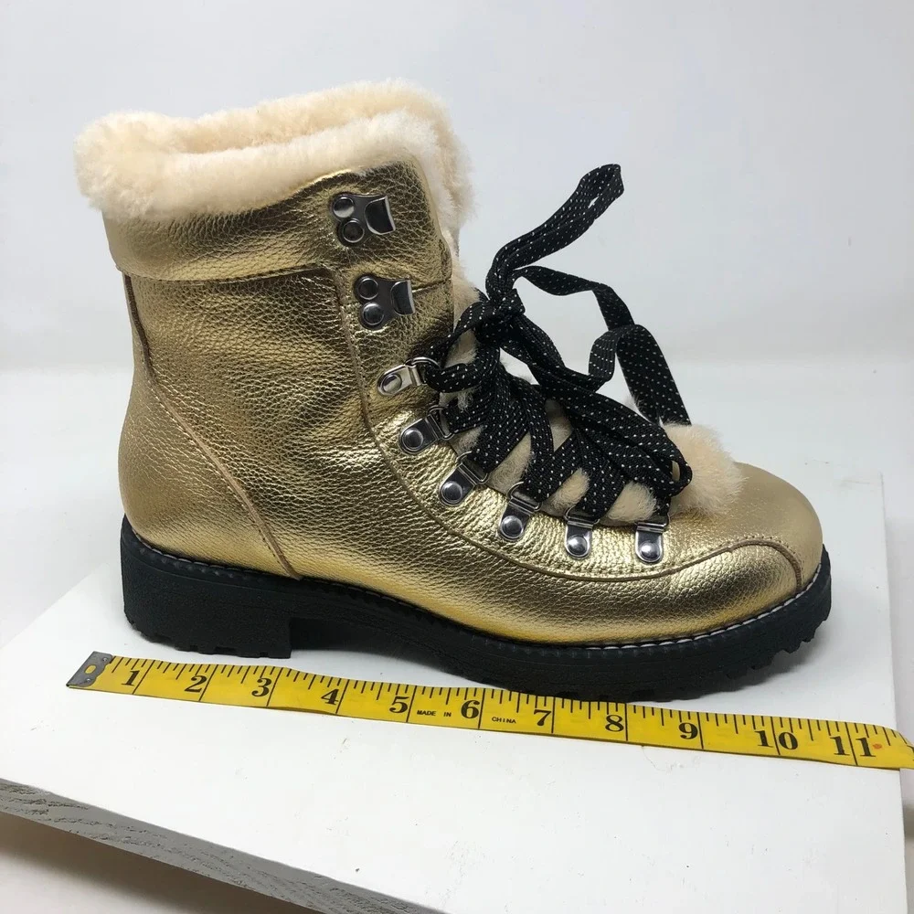 J.Crew Nordic Boots Womens 9 Gold Metallic Faux Fur Trim Lug Sole Glam Statement